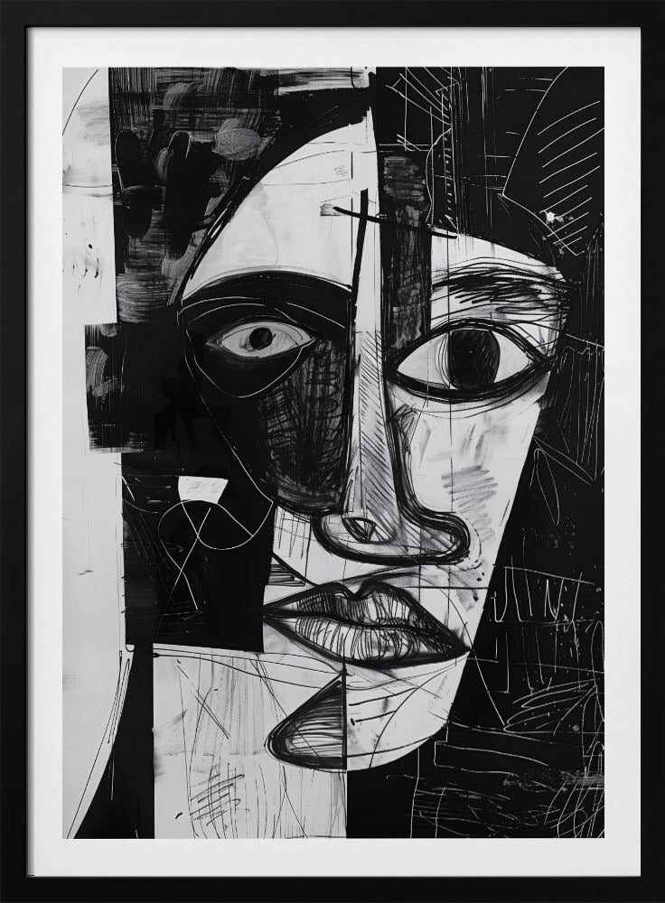 A striking black and white abstract portrait of a face, rendered in a cubist-inspired style. The features are fragmented and asymmetrical, with bold black shapes contrasting against white areas filled with expressive, sketchy linework, creating a powerful and dramatic composition. Poster