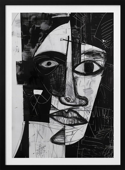 A striking black and white abstract portrait of a face, rendered in a cubist-inspired style. The features are fragmented and asymmetrical, with bold black shapes contrasting against white areas filled with expressive, sketchy linework, creating a powerful and dramatic composition. Poster