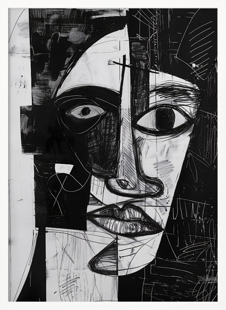 A striking black and white abstract portrait of a face, rendered in a cubist-inspired style. The features are fragmented and asymmetrical, with bold black shapes contrasting against white areas filled with expressive, sketchy linework, creating a powerful and dramatic composition. Poster