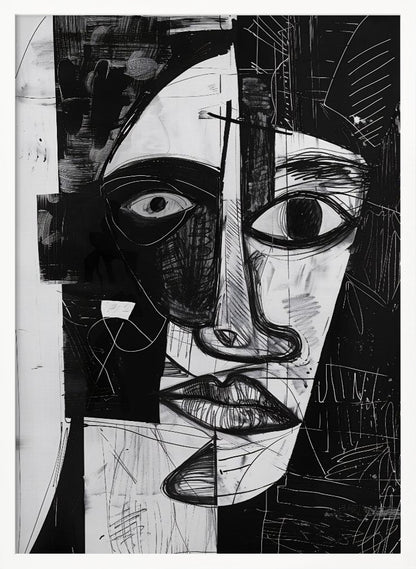 A striking black and white abstract portrait of a face, rendered in a cubist-inspired style. The features are fragmented and asymmetrical, with bold black shapes contrasting against white areas filled with expressive, sketchy linework, creating a powerful and dramatic composition. Poster