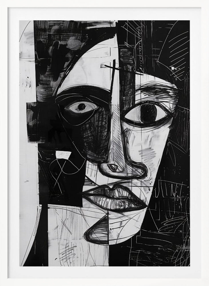 A striking black and white abstract portrait of a face, rendered in a cubist-inspired style. The features are fragmented and asymmetrical, with bold black shapes contrasting against white areas filled with expressive, sketchy linework, creating a powerful and dramatic composition. Poster