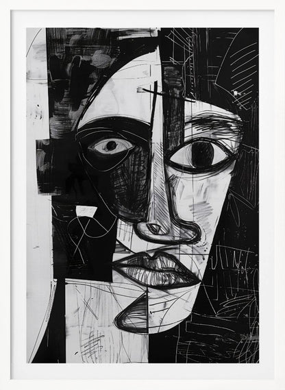 A striking black and white abstract portrait of a face, rendered in a cubist-inspired style. The features are fragmented and asymmetrical, with bold black shapes contrasting against white areas filled with expressive, sketchy linework, creating a powerful and dramatic composition. Poster