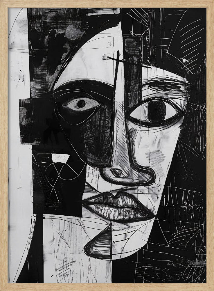 A striking black and white abstract portrait of a face, rendered in a cubist-inspired style. The features are fragmented and asymmetrical, with bold black shapes contrasting against white areas filled with expressive, sketchy linework, creating a powerful and dramatic composition. Poster