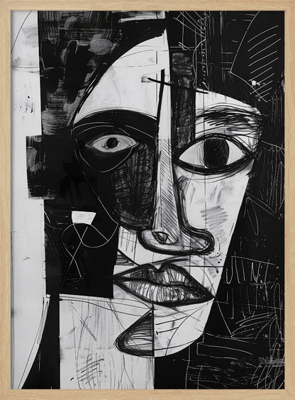 A striking black and white abstract portrait of a face, rendered in a cubist-inspired style. The features are fragmented and asymmetrical, with bold black shapes contrasting against white areas filled with expressive, sketchy linework, creating a powerful and dramatic composition. Poster