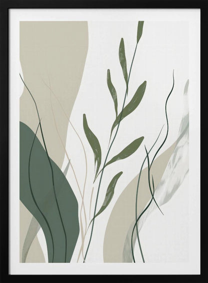 An abstract botanical art print in a black frame. The composition features stylized green leaves and stems layered over muted beige and sage green shapes against a clean white background. Wall Art