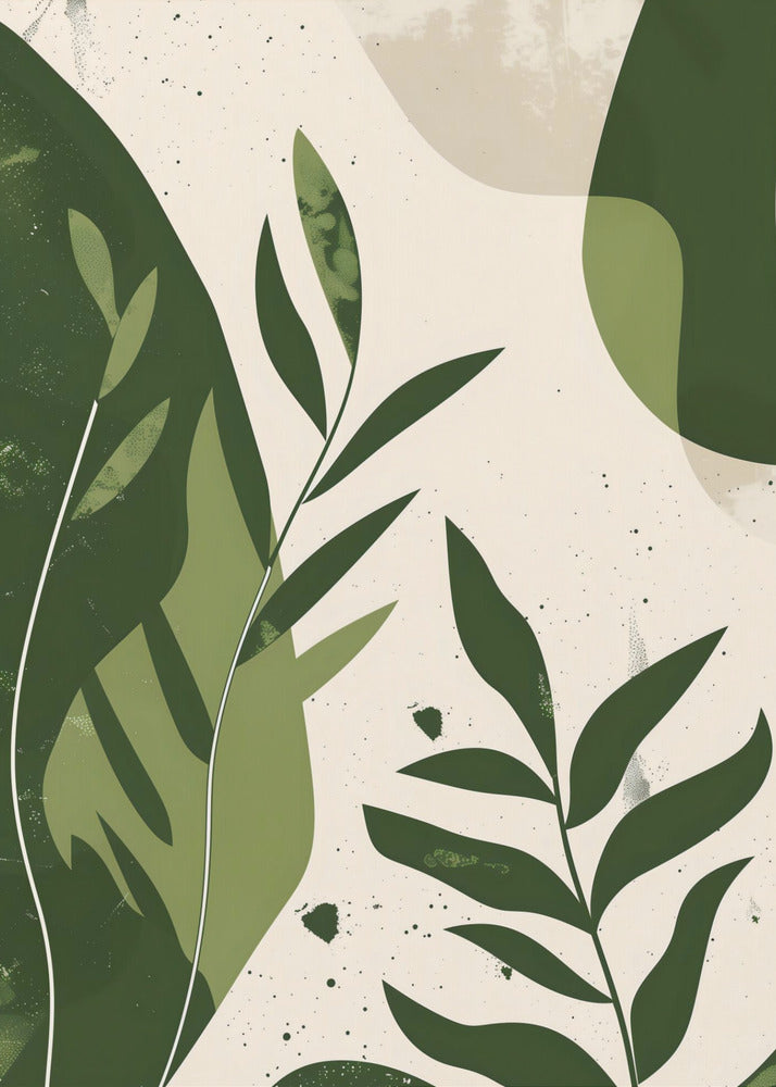 A modern abstract botanical artwork in a black frame, featuring various shades of green leaves and organic shapes layered over a speckled, off-white background. The style is minimalist with a textured, painterly feel. Wall Art