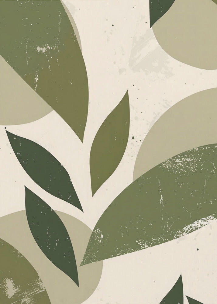 A framed abstract artwork featuring a collage of stylized leaf shapes in various shades of green, including olive and sage. The shapes overlap against a light beige background, and the entire piece has a distressed, textured finish with small black speckles. The composition is modern and botanical. Decor