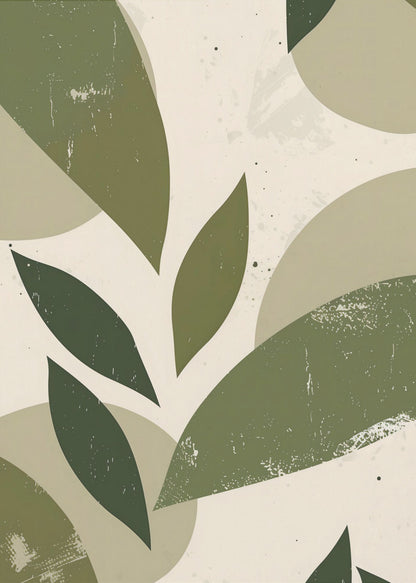 A framed abstract artwork featuring a collage of stylized leaf shapes in various shades of green, including olive and sage. The shapes overlap against a light beige background, and the entire piece has a distressed, textured finish with small black speckles. The composition is modern and botanical. Decor