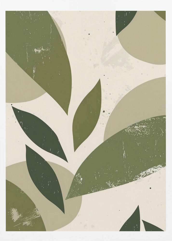A framed abstract artwork featuring a collage of stylized leaf shapes in various shades of green, including olive and sage. The shapes overlap against a light beige background, and the entire piece has a distressed, textured finish with small black speckles. The composition is modern and botanical. Decor