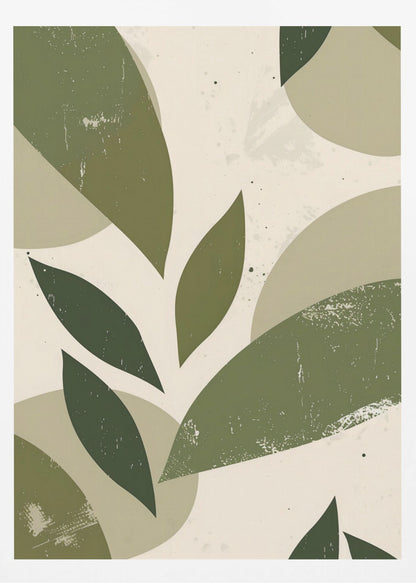 A framed abstract artwork featuring a collage of stylized leaf shapes in various shades of green, including olive and sage. The shapes overlap against a light beige background, and the entire piece has a distressed, textured finish with small black speckles. The composition is modern and botanical. Decor