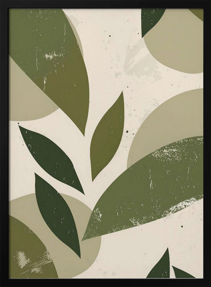 A framed abstract artwork featuring a collage of stylized leaf shapes in various shades of green, including olive and sage. The shapes overlap against a light beige background, and the entire piece has a distressed, textured finish with small black speckles. The composition is modern and botanical. Decor