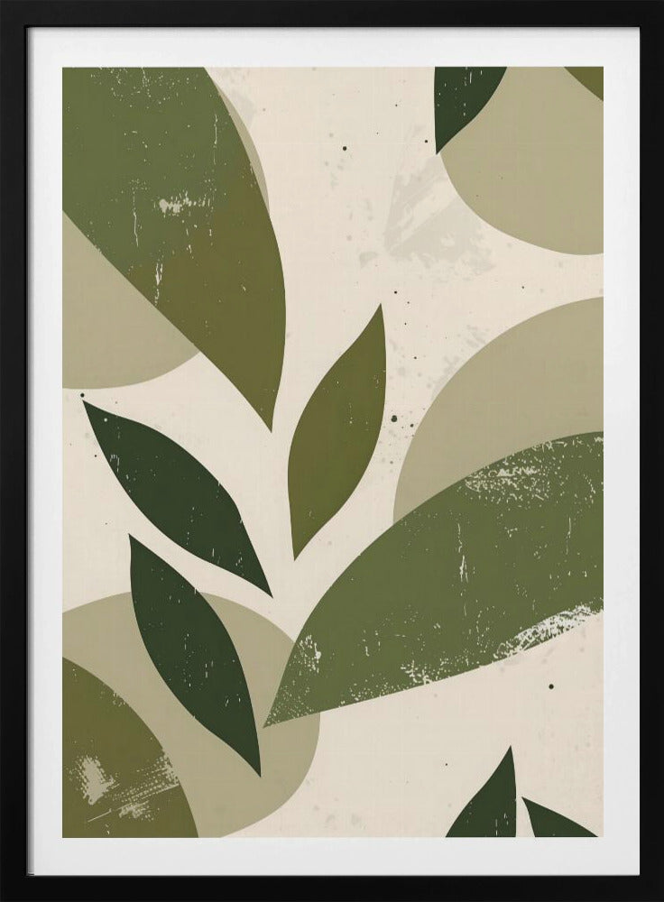 A framed abstract artwork featuring a collage of stylized leaf shapes in various shades of green, including olive and sage. The shapes overlap against a light beige background, and the entire piece has a distressed, textured finish with small black speckles. The composition is modern and botanical. Decor