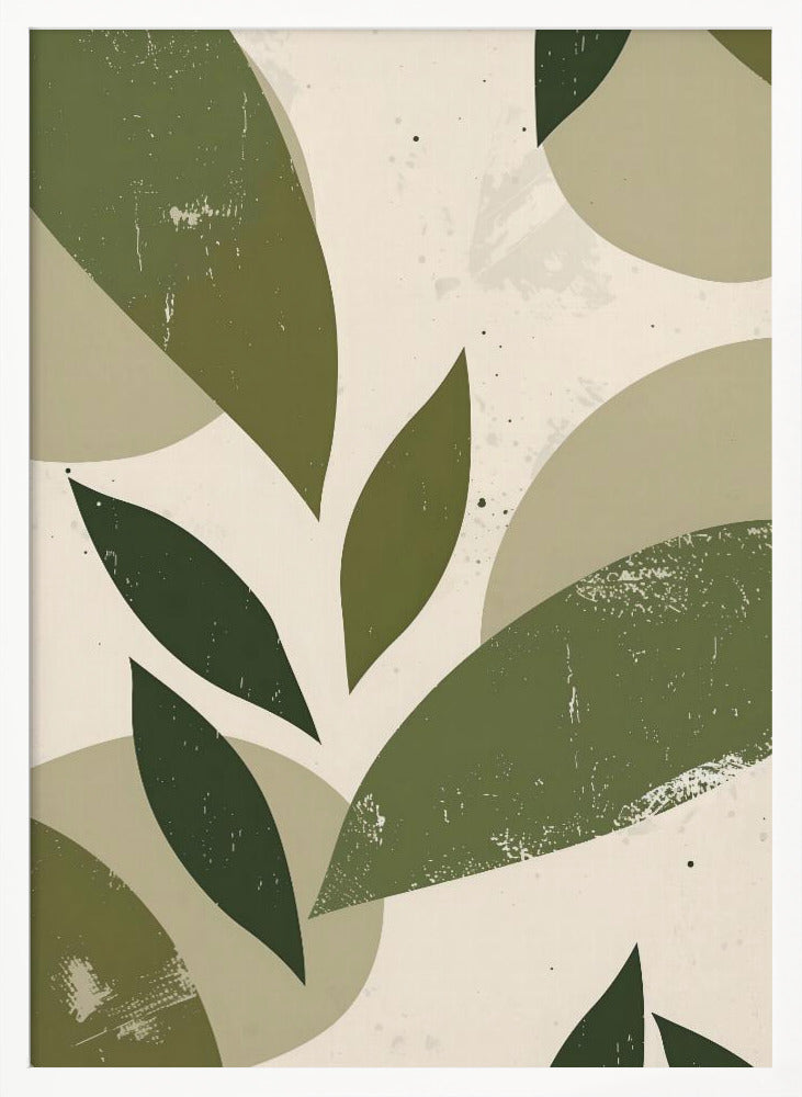 A framed abstract artwork featuring a collage of stylized leaf shapes in various shades of green, including olive and sage. The shapes overlap against a light beige background, and the entire piece has a distressed, textured finish with small black speckles. The composition is modern and botanical. Decor