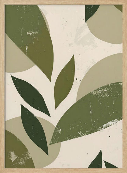 A framed abstract artwork featuring a collage of stylized leaf shapes in various shades of green, including olive and sage. The shapes overlap against a light beige background, and the entire piece has a distressed, textured finish with small black speckles. The composition is modern and botanical. Decor