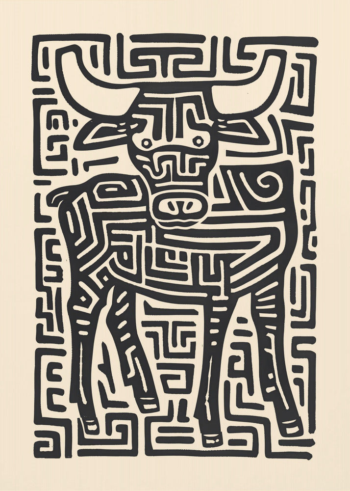 A stylized black and cream artwork of a bull, where the animal and its background are formed by a single, continuous maze-like or labyrinthine pattern of thick black lines on a cream-colored paper, enclosed in a thin black frame. Print