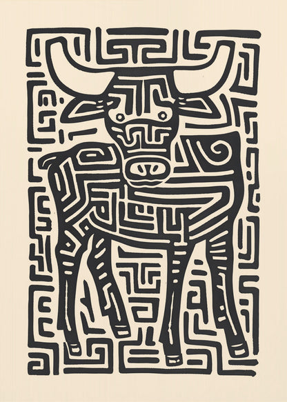 A stylized black and cream artwork of a bull, where the animal and its background are formed by a single, continuous maze-like or labyrinthine pattern of thick black lines on a cream-colored paper, enclosed in a thin black frame. Print