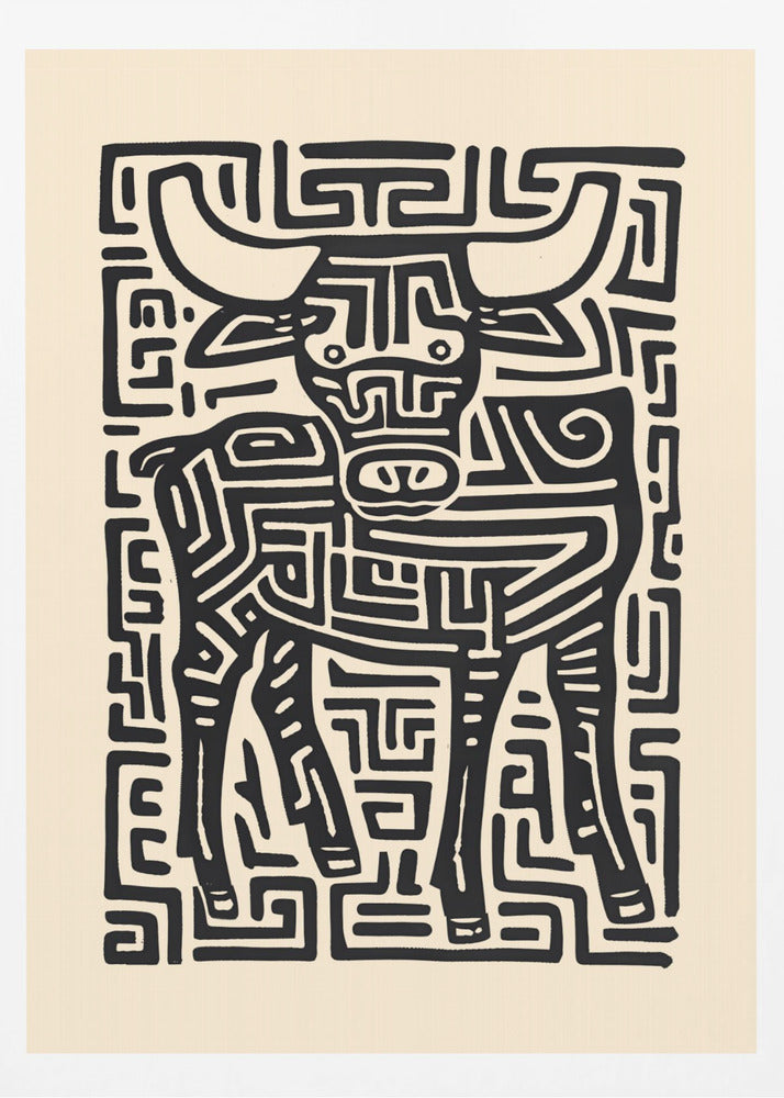 A stylized black and cream artwork of a bull, where the animal and its background are formed by a single, continuous maze-like or labyrinthine pattern of thick black lines on a cream-colored paper, enclosed in a thin black frame. Print