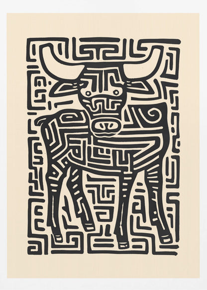 A stylized black and cream artwork of a bull, where the animal and its background are formed by a single, continuous maze-like or labyrinthine pattern of thick black lines on a cream-colored paper, enclosed in a thin black frame. Print