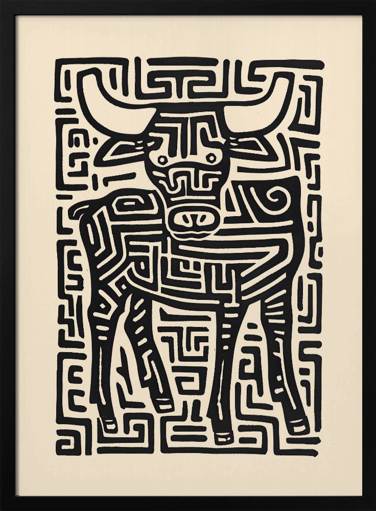A stylized black and cream artwork of a bull, where the animal and its background are formed by a single, continuous maze-like or labyrinthine pattern of thick black lines on a cream-colored paper, enclosed in a thin black frame. Print