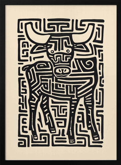 A stylized black and cream artwork of a bull, where the animal and its background are formed by a single, continuous maze-like or labyrinthine pattern of thick black lines on a cream-colored paper, enclosed in a thin black frame. Print