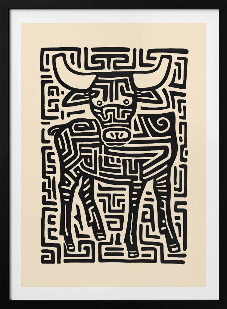 A stylized black and cream artwork of a bull, where the animal and its background are formed by a single, continuous maze-like or labyrinthine pattern of thick black lines on a cream-colored paper, enclosed in a thin black frame. Print