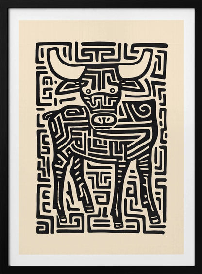 A stylized black and cream artwork of a bull, where the animal and its background are formed by a single, continuous maze-like or labyrinthine pattern of thick black lines on a cream-colored paper, enclosed in a thin black frame. Print