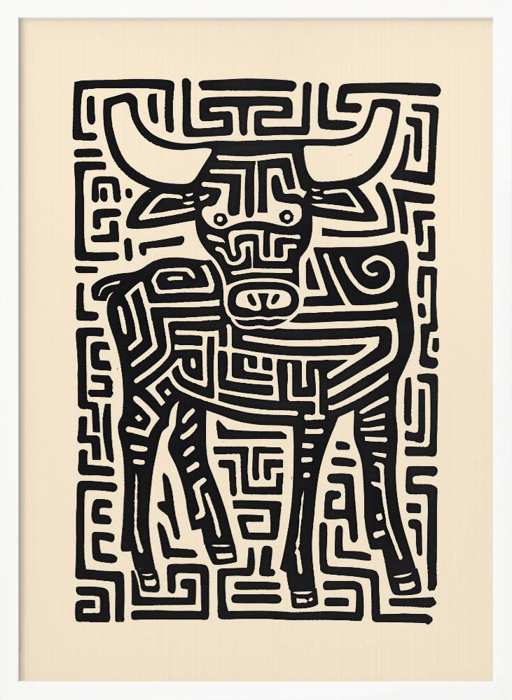 A stylized black and cream artwork of a bull, where the animal and its background are formed by a single, continuous maze-like or labyrinthine pattern of thick black lines on a cream-colored paper, enclosed in a thin black frame. Print