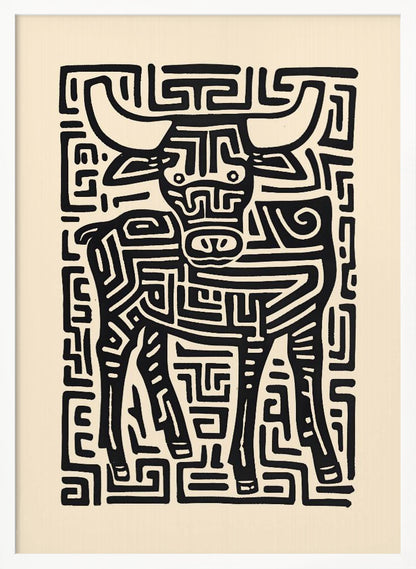 A stylized black and cream artwork of a bull, where the animal and its background are formed by a single, continuous maze-like or labyrinthine pattern of thick black lines on a cream-colored paper, enclosed in a thin black frame. Print