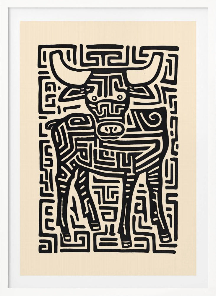 A stylized black and cream artwork of a bull, where the animal and its background are formed by a single, continuous maze-like or labyrinthine pattern of thick black lines on a cream-colored paper, enclosed in a thin black frame. Print