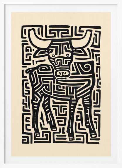 A stylized black and cream artwork of a bull, where the animal and its background are formed by a single, continuous maze-like or labyrinthine pattern of thick black lines on a cream-colored paper, enclosed in a thin black frame. Print