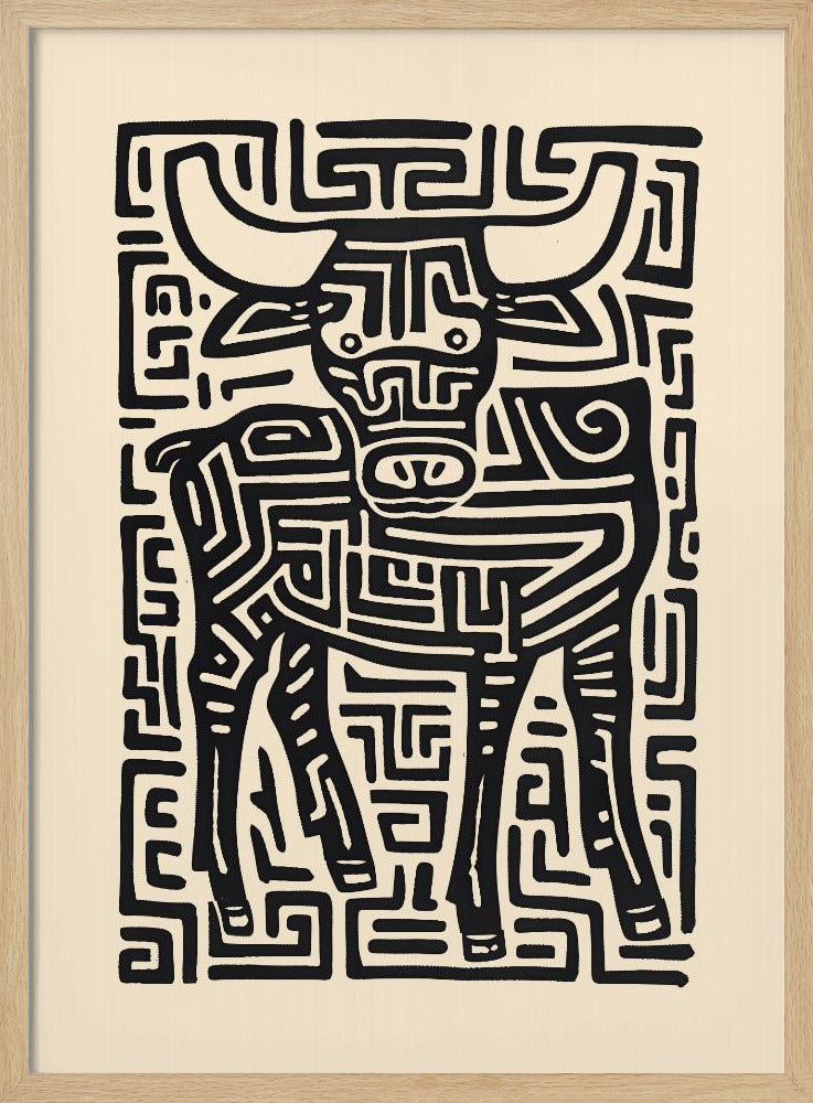 A stylized black and cream artwork of a bull, where the animal and its background are formed by a single, continuous maze-like or labyrinthine pattern of thick black lines on a cream-colored paper, enclosed in a thin black frame. Print