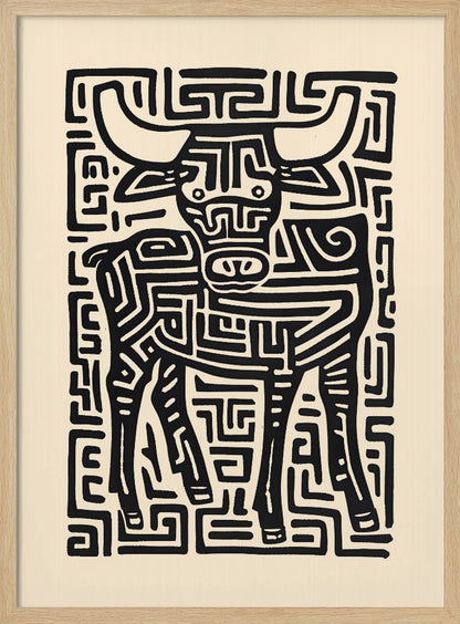 A stylized black and cream artwork of a bull, where the animal and its background are formed by a single, continuous maze-like or labyrinthine pattern of thick black lines on a cream-colored paper, enclosed in a thin black frame. Print