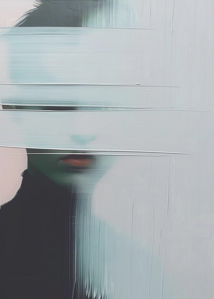 An abstract portrait of a person in a black turtleneck, their face is obscured by thick, horizontal and vertical strokes of pale blue-gray paint, leaving only their mouth visible. The artwork is presented in a simple black frame. Poster