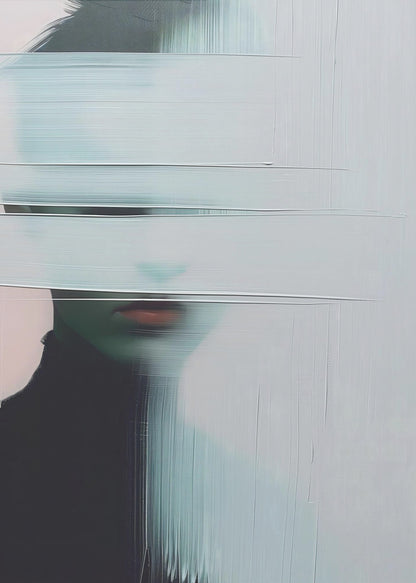 An abstract portrait of a person in a black turtleneck, their face is obscured by thick, horizontal and vertical strokes of pale blue-gray paint, leaving only their mouth visible. The artwork is presented in a simple black frame. Poster