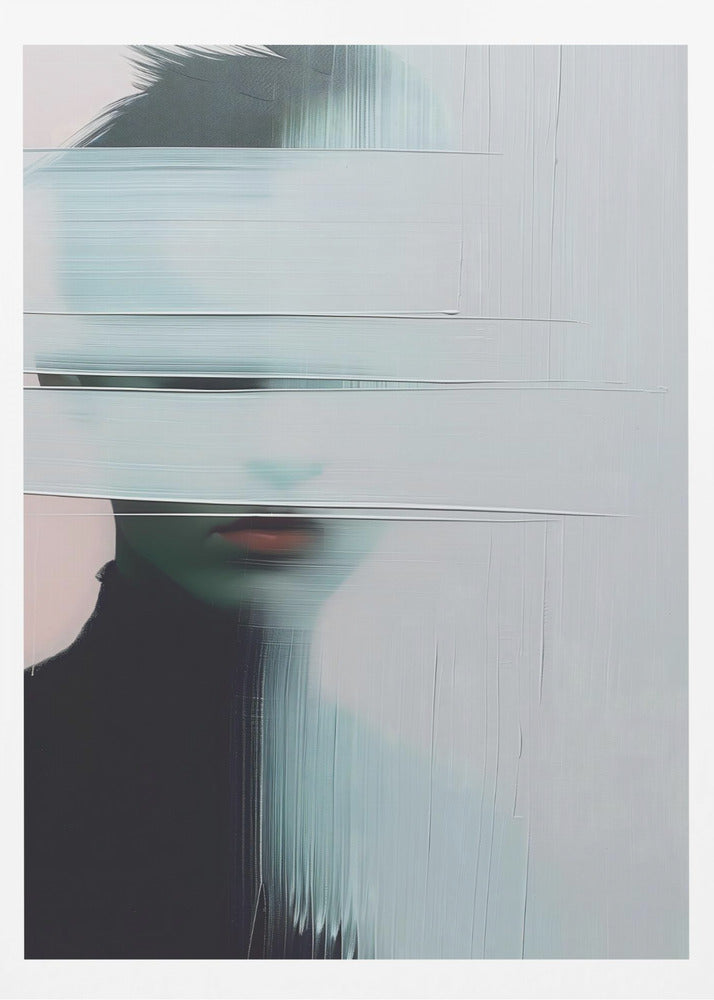 An abstract portrait of a person in a black turtleneck, their face is obscured by thick, horizontal and vertical strokes of pale blue-gray paint, leaving only their mouth visible. The artwork is presented in a simple black frame. Poster