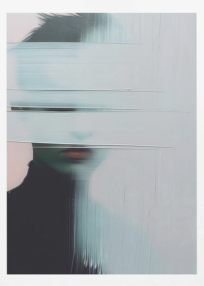 An abstract portrait of a person in a black turtleneck, their face is obscured by thick, horizontal and vertical strokes of pale blue-gray paint, leaving only their mouth visible. The artwork is presented in a simple black frame. Poster