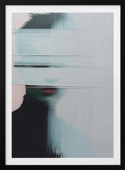 An abstract portrait of a person in a black turtleneck, their face is obscured by thick, horizontal and vertical strokes of pale blue-gray paint, leaving only their mouth visible. The artwork is presented in a simple black frame. Poster
