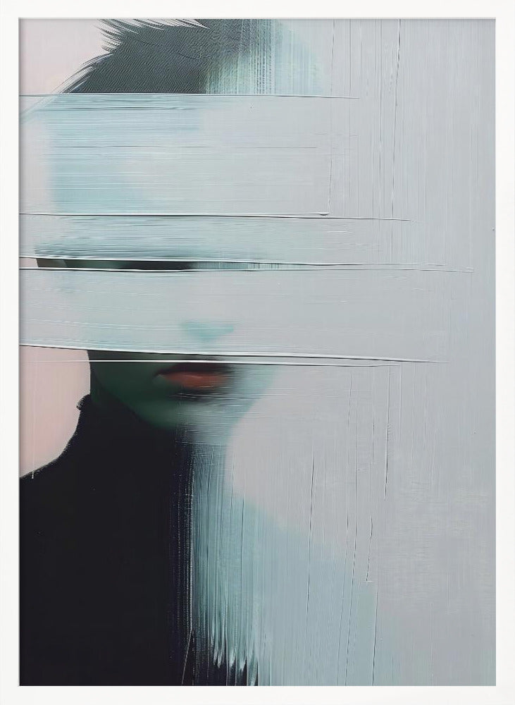 An abstract portrait of a person in a black turtleneck, their face is obscured by thick, horizontal and vertical strokes of pale blue-gray paint, leaving only their mouth visible. The artwork is presented in a simple black frame. Poster