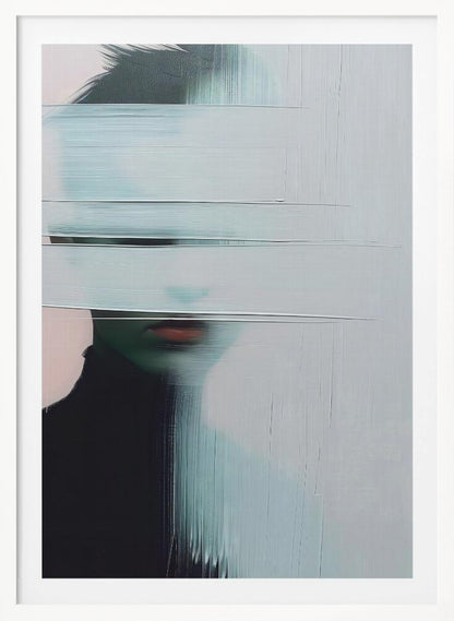 An abstract portrait of a person in a black turtleneck, their face is obscured by thick, horizontal and vertical strokes of pale blue-gray paint, leaving only their mouth visible. The artwork is presented in a simple black frame. Poster