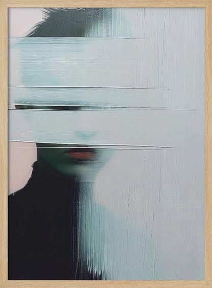 An abstract portrait of a person in a black turtleneck, their face is obscured by thick, horizontal and vertical strokes of pale blue-gray paint, leaving only their mouth visible. The artwork is presented in a simple black frame. Poster
