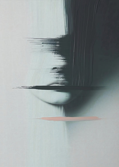 An abstract, modern painting in a black frame featuring a woman's face partially obscured by heavy, black brushstrokes. The background is a textured light grey. The woman's pale lips are visible, crossed by a horizontal smear of black paint. Below the face, a single, contrasting stroke of soft pink adds a touch of color. Print