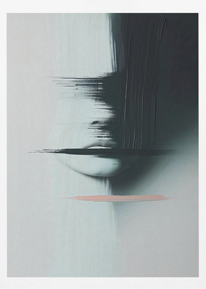 An abstract, modern painting in a black frame featuring a woman's face partially obscured by heavy, black brushstrokes. The background is a textured light grey. The woman's pale lips are visible, crossed by a horizontal smear of black paint. Below the face, a single, contrasting stroke of soft pink adds a touch of color. Print
