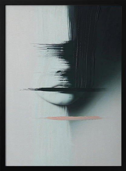 An abstract, modern painting in a black frame featuring a woman's face partially obscured by heavy, black brushstrokes. The background is a textured light grey. The woman's pale lips are visible, crossed by a horizontal smear of black paint. Below the face, a single, contrasting stroke of soft pink adds a touch of color. Print