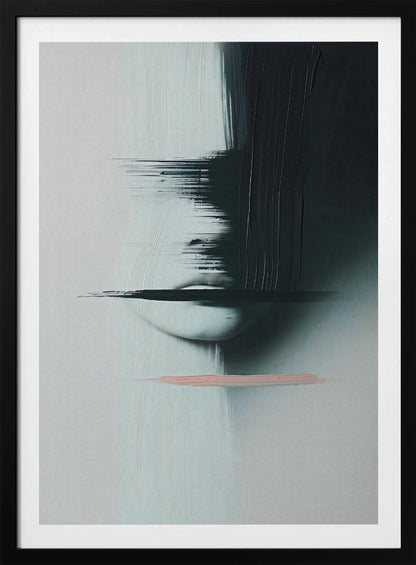 An abstract, modern painting in a black frame featuring a woman's face partially obscured by heavy, black brushstrokes. The background is a textured light grey. The woman's pale lips are visible, crossed by a horizontal smear of black paint. Below the face, a single, contrasting stroke of soft pink adds a touch of color. Print