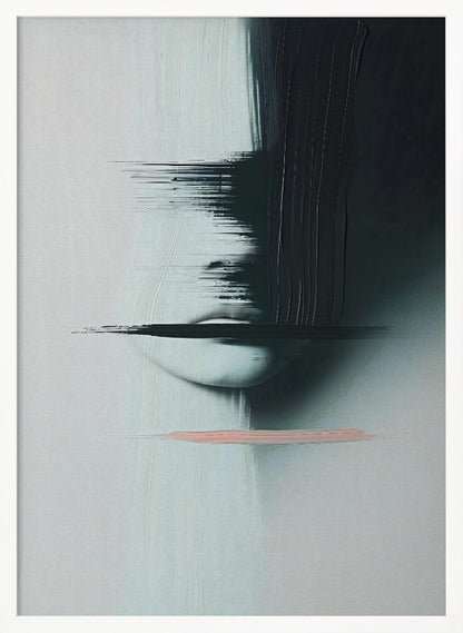 An abstract, modern painting in a black frame featuring a woman's face partially obscured by heavy, black brushstrokes. The background is a textured light grey. The woman's pale lips are visible, crossed by a horizontal smear of black paint. Below the face, a single, contrasting stroke of soft pink adds a touch of color. Print