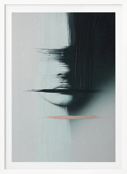 An abstract, modern painting in a black frame featuring a woman's face partially obscured by heavy, black brushstrokes. The background is a textured light grey. The woman's pale lips are visible, crossed by a horizontal smear of black paint. Below the face, a single, contrasting stroke of soft pink adds a touch of color. Print