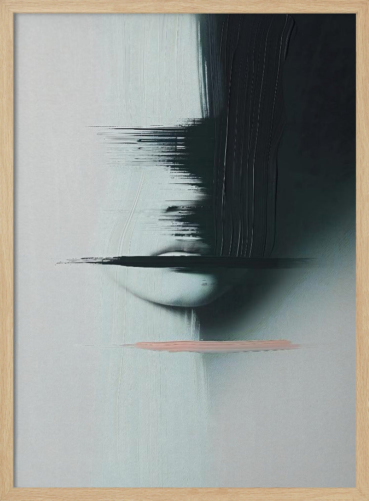 An abstract, modern painting in a black frame featuring a woman's face partially obscured by heavy, black brushstrokes. The background is a textured light grey. The woman's pale lips are visible, crossed by a horizontal smear of black paint. Below the face, a single, contrasting stroke of soft pink adds a touch of color. Print