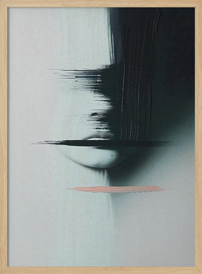 An abstract, modern painting in a black frame featuring a woman's face partially obscured by heavy, black brushstrokes. The background is a textured light grey. The woman's pale lips are visible, crossed by a horizontal smear of black paint. Below the face, a single, contrasting stroke of soft pink adds a touch of color. Print