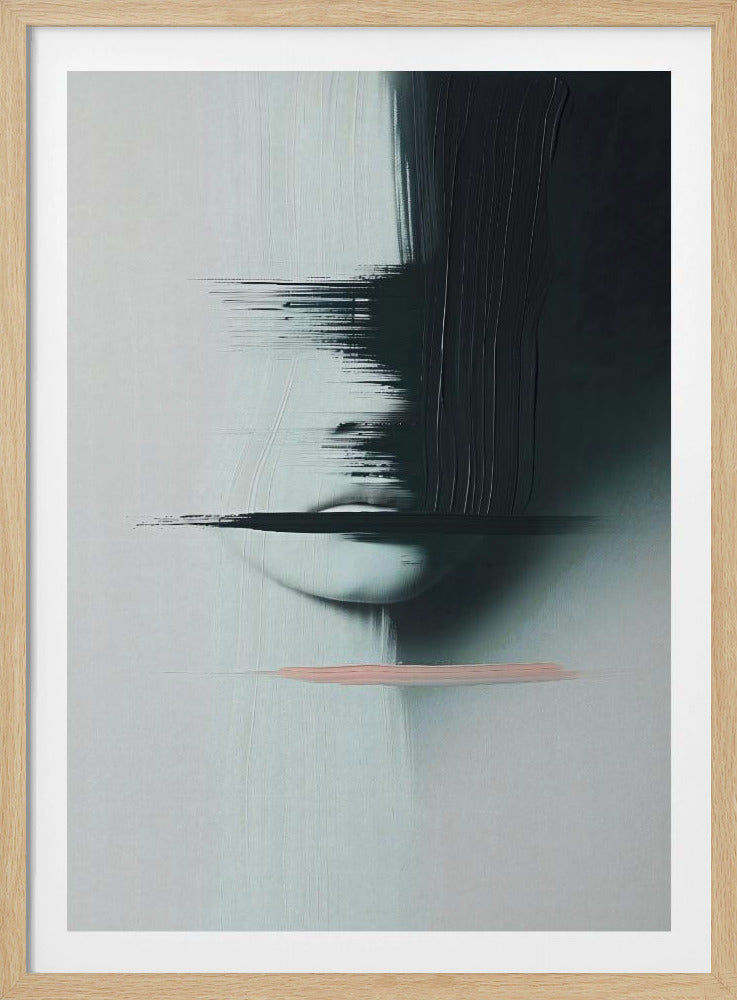 An abstract, modern painting in a black frame featuring a woman's face partially obscured by heavy, black brushstrokes. The background is a textured light grey. The woman's pale lips are visible, crossed by a horizontal smear of black paint. Below the face, a single, contrasting stroke of soft pink adds a touch of color. Print