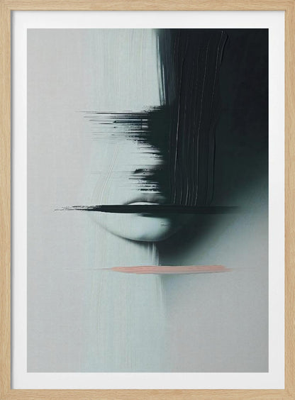 An abstract, modern painting in a black frame featuring a woman's face partially obscured by heavy, black brushstrokes. The background is a textured light grey. The woman's pale lips are visible, crossed by a horizontal smear of black paint. Below the face, a single, contrasting stroke of soft pink adds a touch of color. Print
